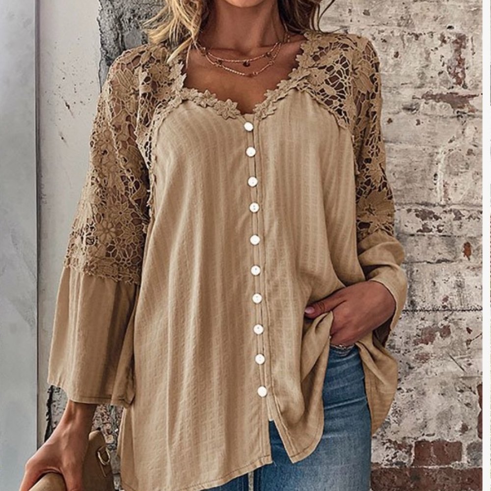 Lace-Accent Button Front Tunic